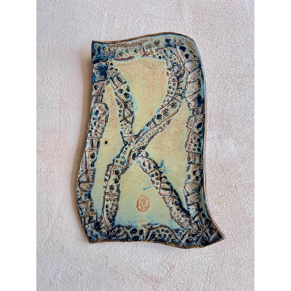 Signed Bi Joy Studio Pottery Abstract Wall Plaque Footed Ceramic Art